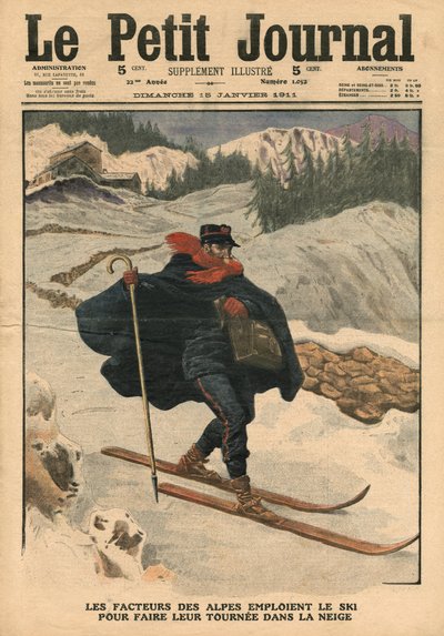 Alpine Postboten benutzen Ski während ihrer Runden im Schnee, Illustration aus 